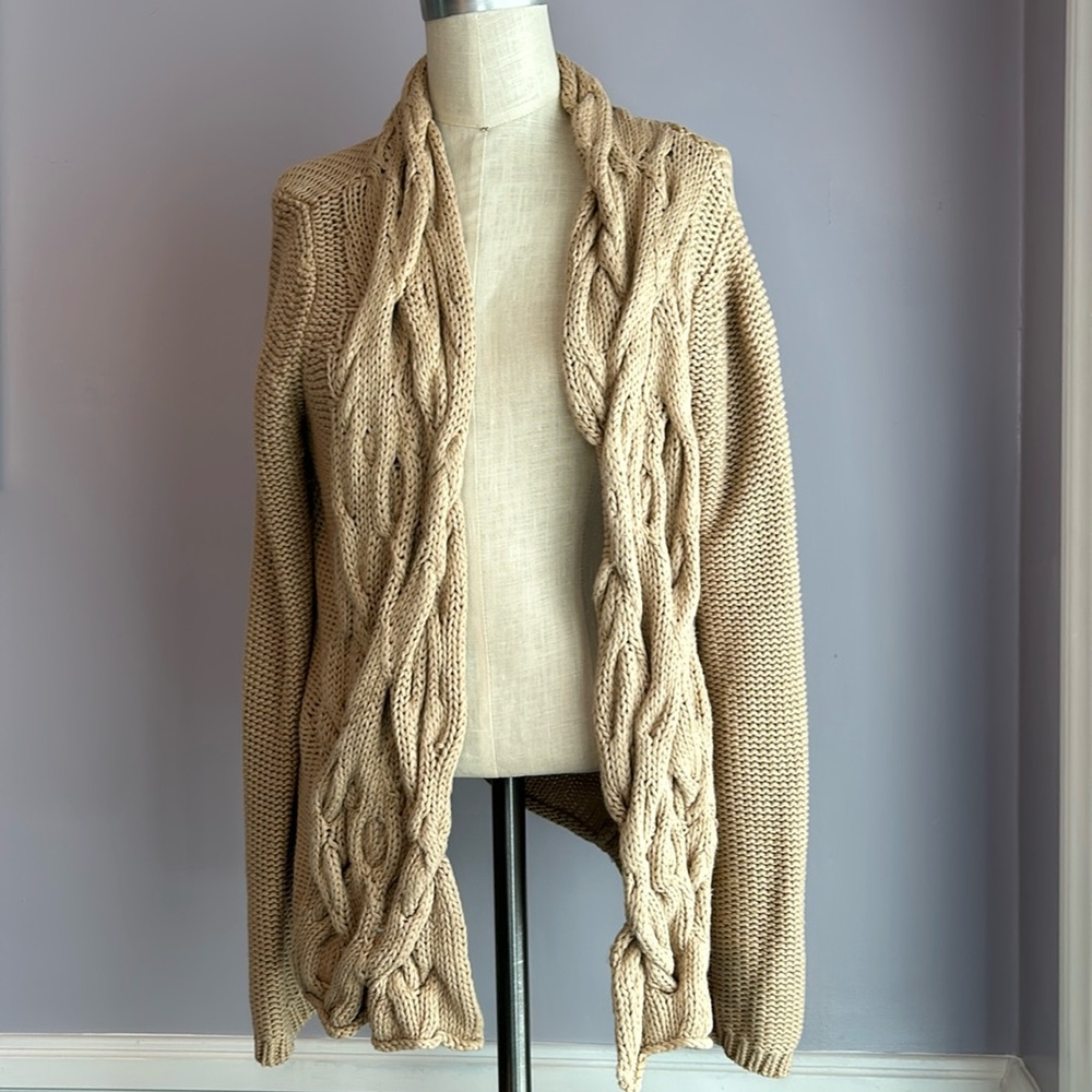 The Limited vintage tan linen and cotton chunky cable knit open front cardigan